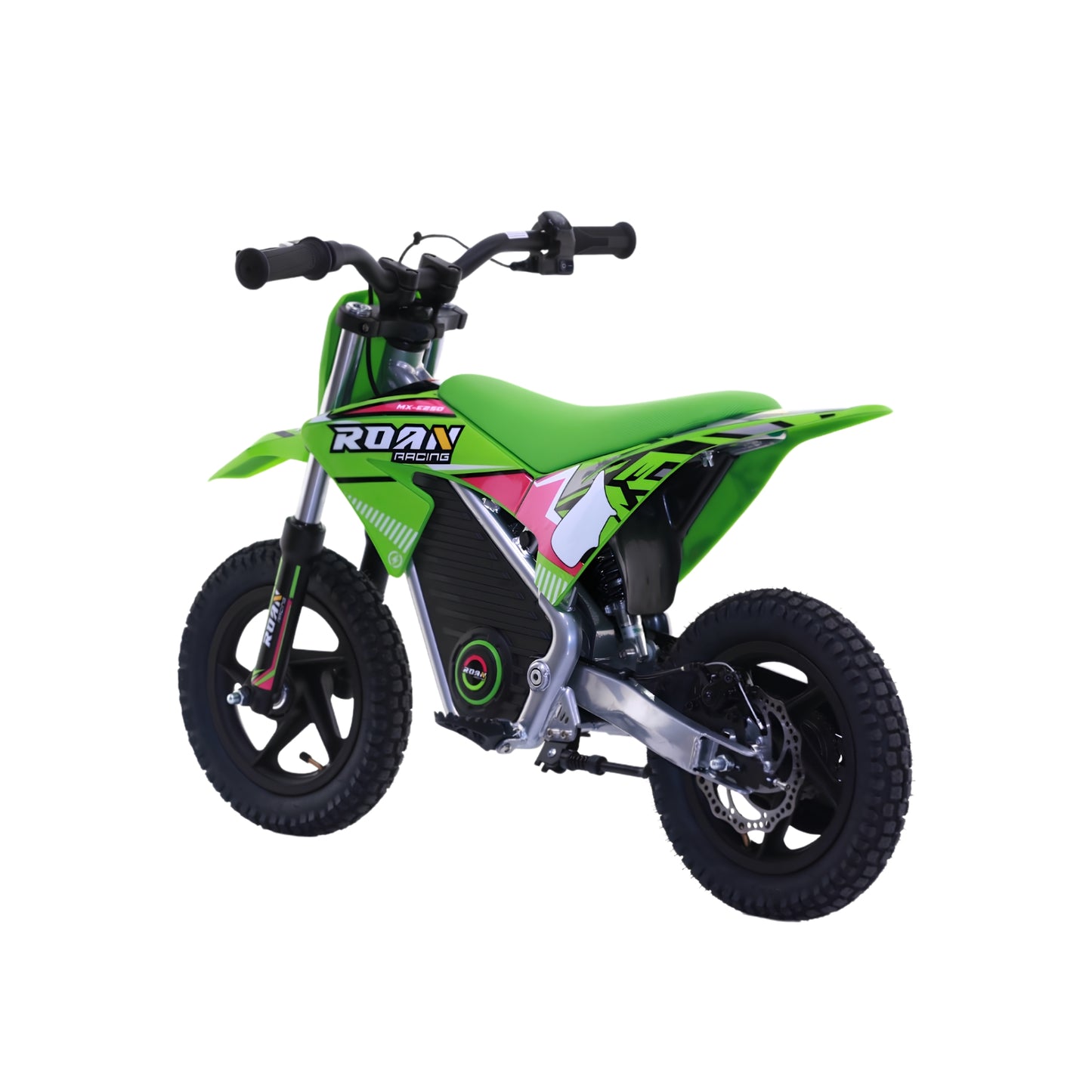 Minimoto eléctrica Apollo Roan Warrior MX-E250 en color verde, con ruedas de 12 pulgadas y potencia de 250W para niños.