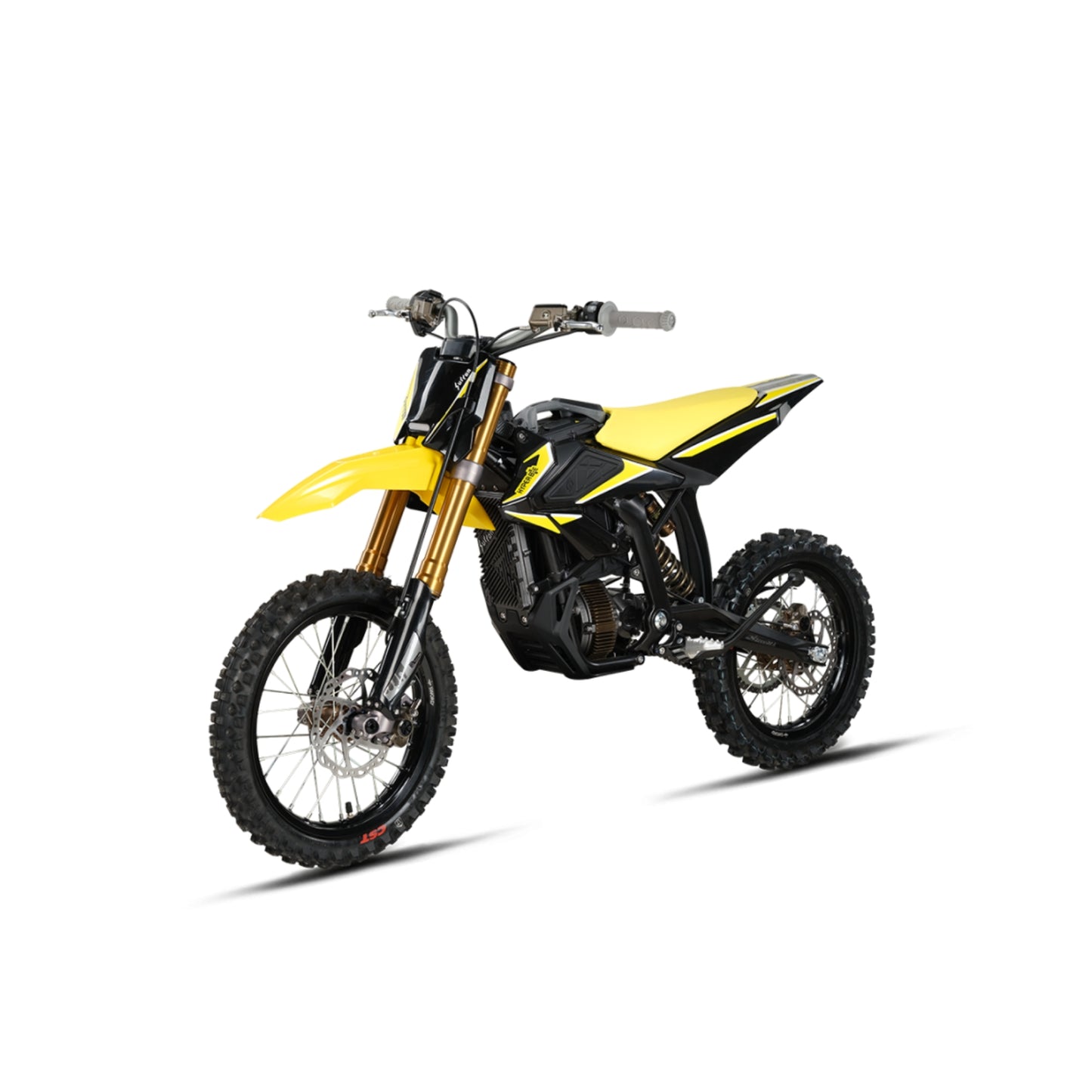 Moto eléctrica Surron Hyper Bee en color amarillo, de la marca X-EMOTOS, mostrando el diseño compacto y moderno del vehículo.