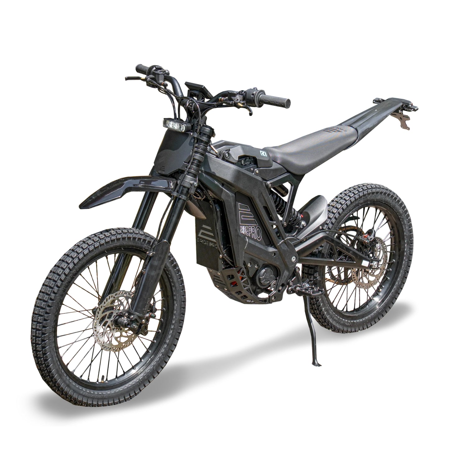Moto eléctrica off-road E RIDE PRO SR L1e y L3e, vista lateral con neumáticos grandes y cuadro resistente.
