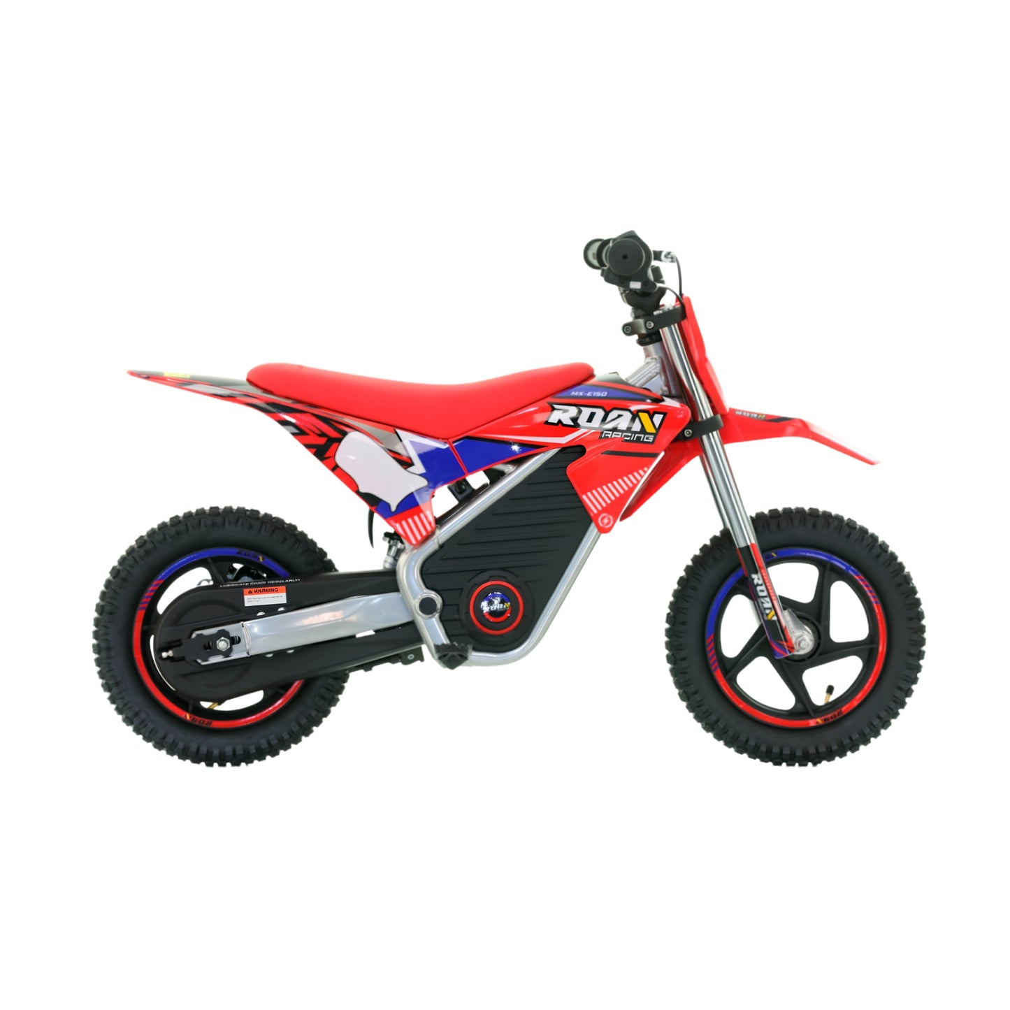 Mini moto eléctrica Warrior X-EMOTOS de 150W en color rojo, vista lateral con neumáticos y controles visibles.