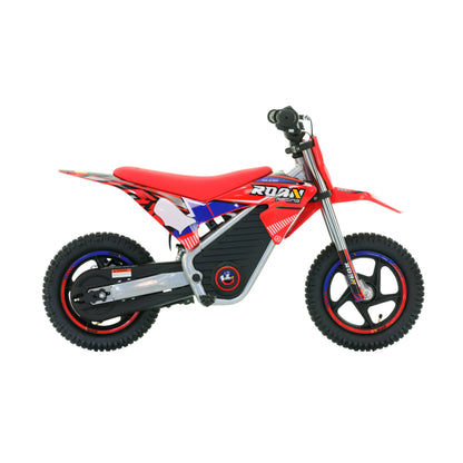 Mini moto eléctrica Warrior X-EMOTOS de 150W en color rojo, vista lateral con neumáticos y controles visibles.