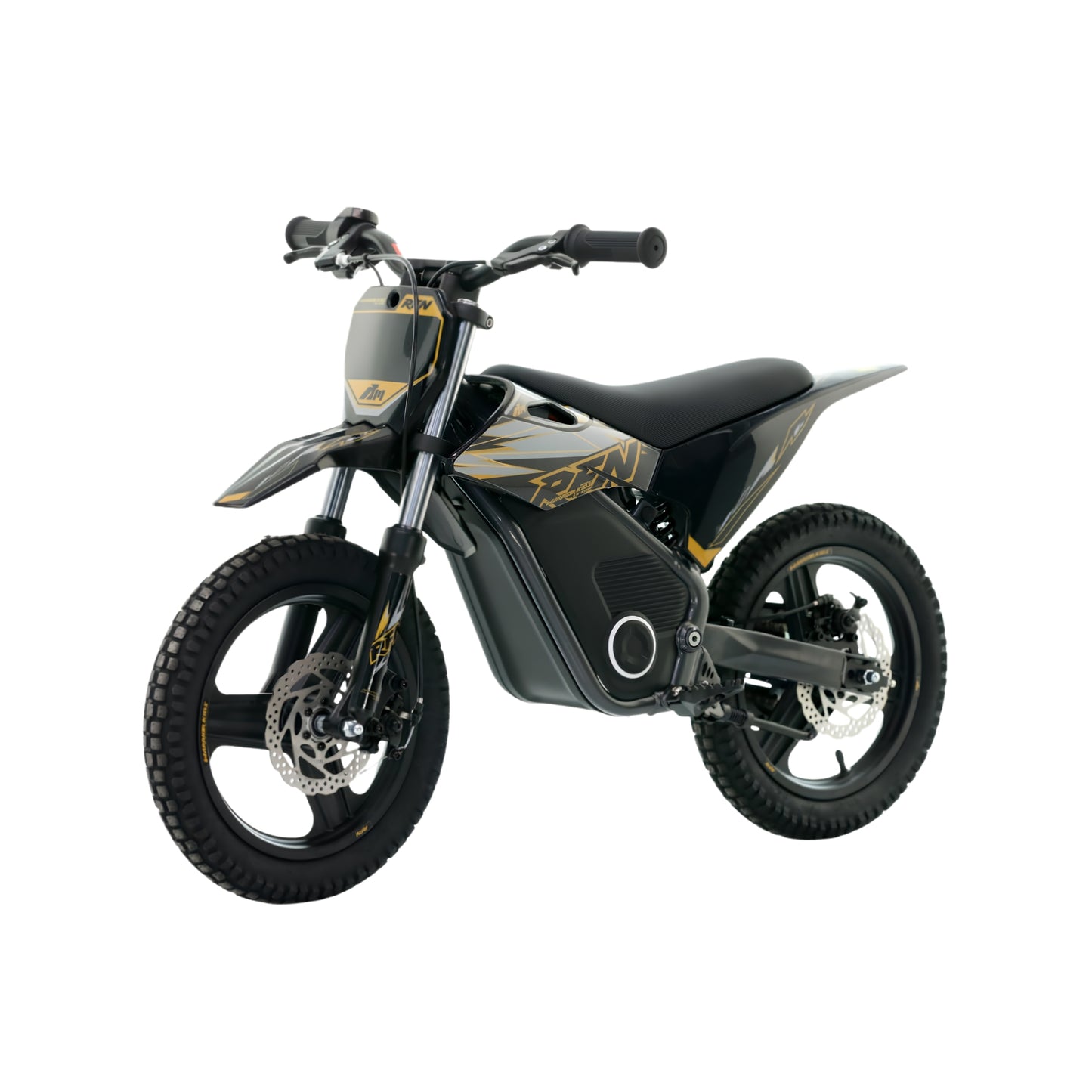 Mini moto eléctrica RFN Warrior SX-E350 para niños, en color negro, con 14/14 pulgadas y motor de 350W de X-EMOTOS.