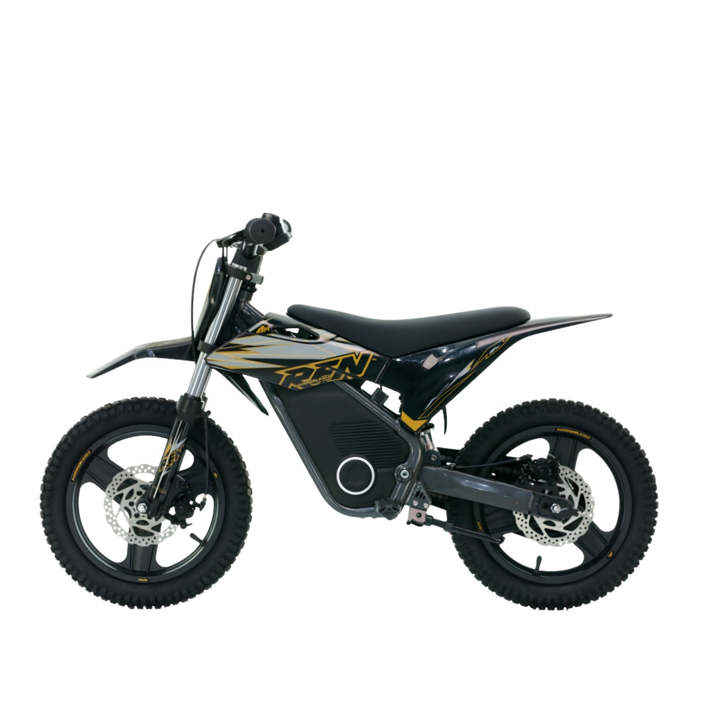 Minicross eléctrica RFN Warrior SX-E350 14/14” 350W para niños en color negro, con neumáticos y manillar ajustable.