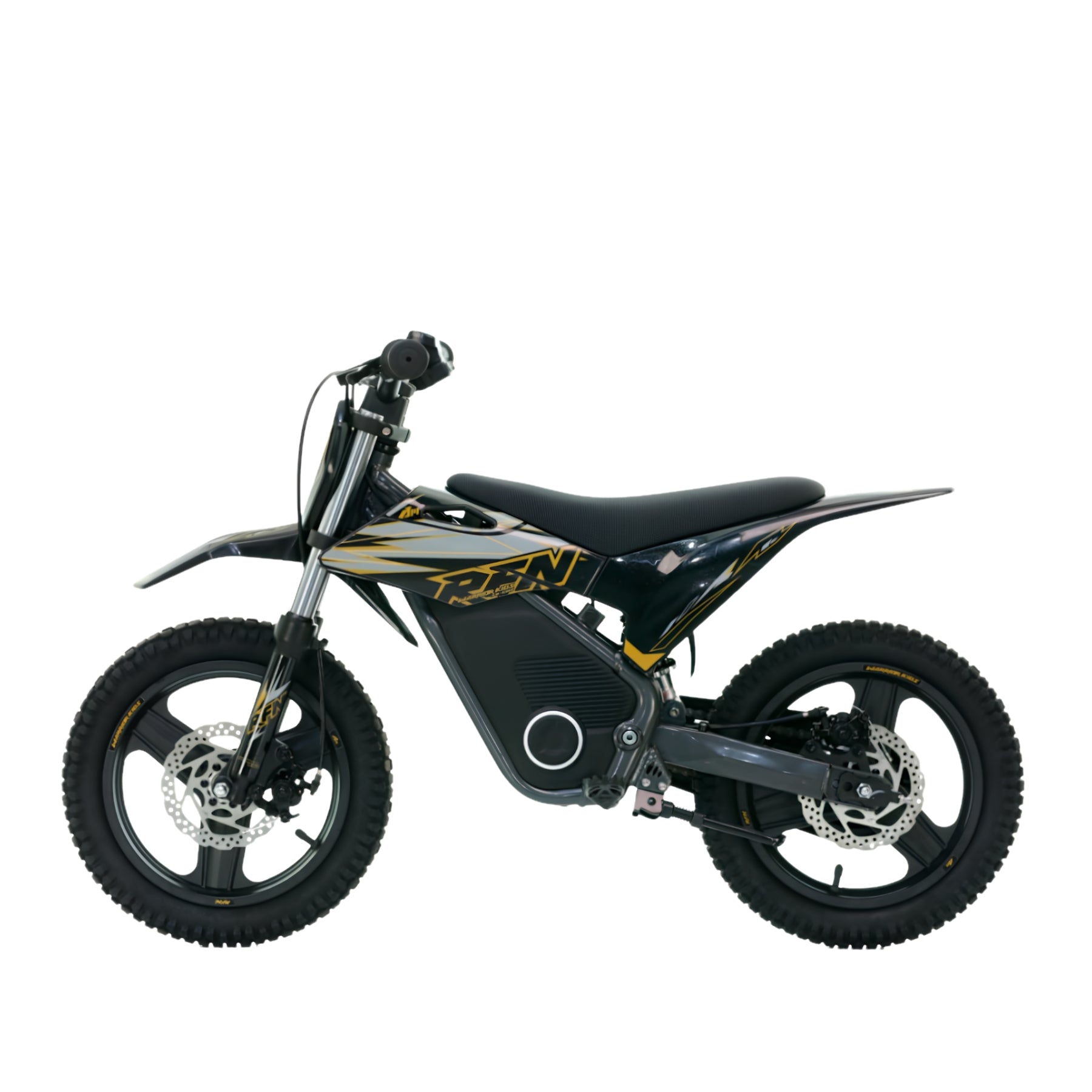 Minicross eléctrica RFN Warrior SX-E350 14/14” 350W para niños en color negro, con neumáticos y manillar ajustable.