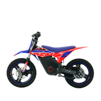 Mini motocicleta eléctrica RFN Warrior SX-E350 para niños, color rojo con ruedas de 14 pulgadas y motor de 350W de X-EMOTOS