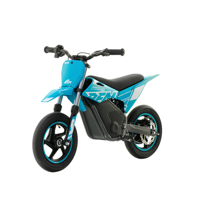 Mini moto eléctrica Apollo RFN Warrior SX-E250, color azul, con neumáticos 12 pulgadas y motor de 250W para niños.