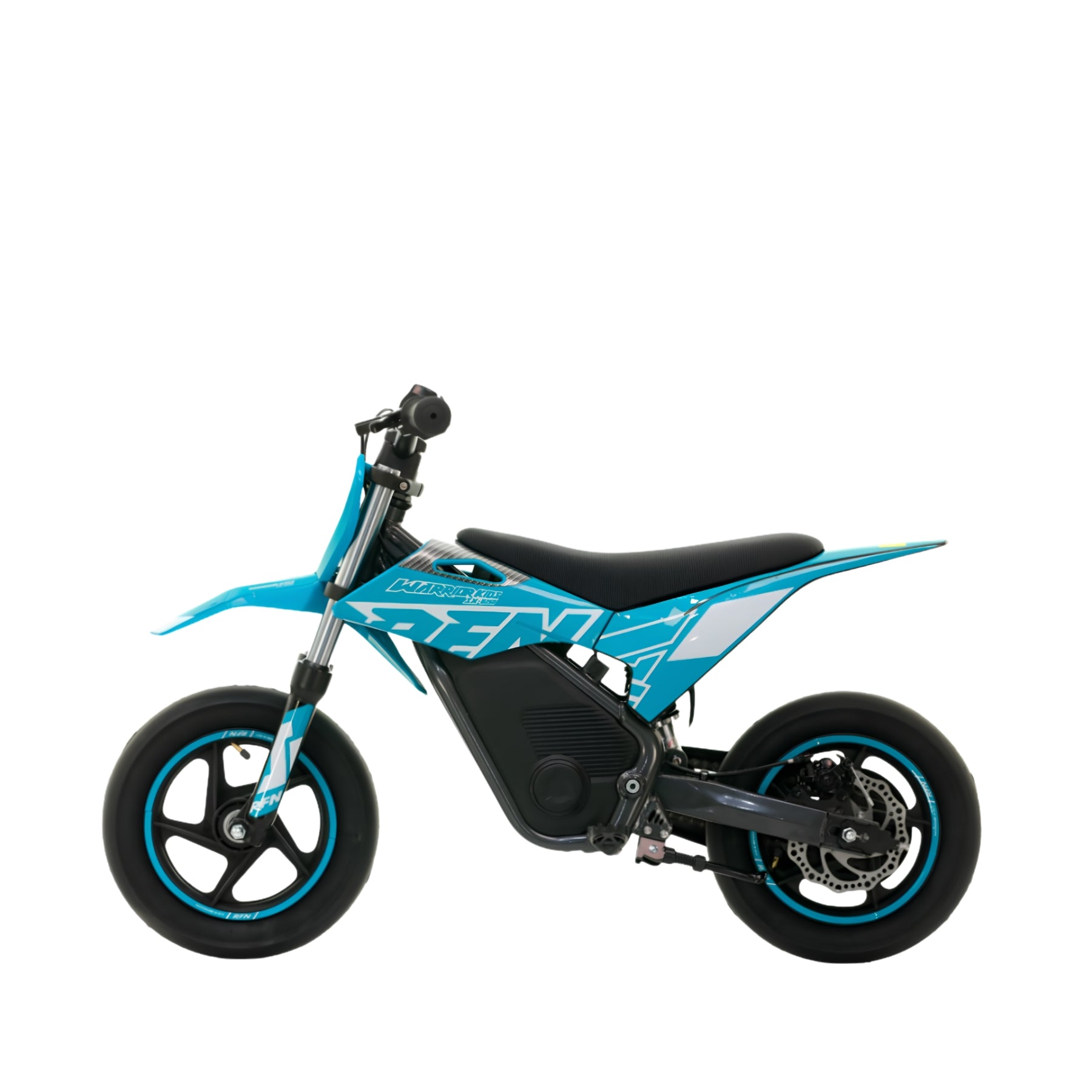 Minimoto eléctrica APOLLO RFN Warrior SX-E250 Supermotard con motor de 250W y llantas de 12 pulgadas en color azul.