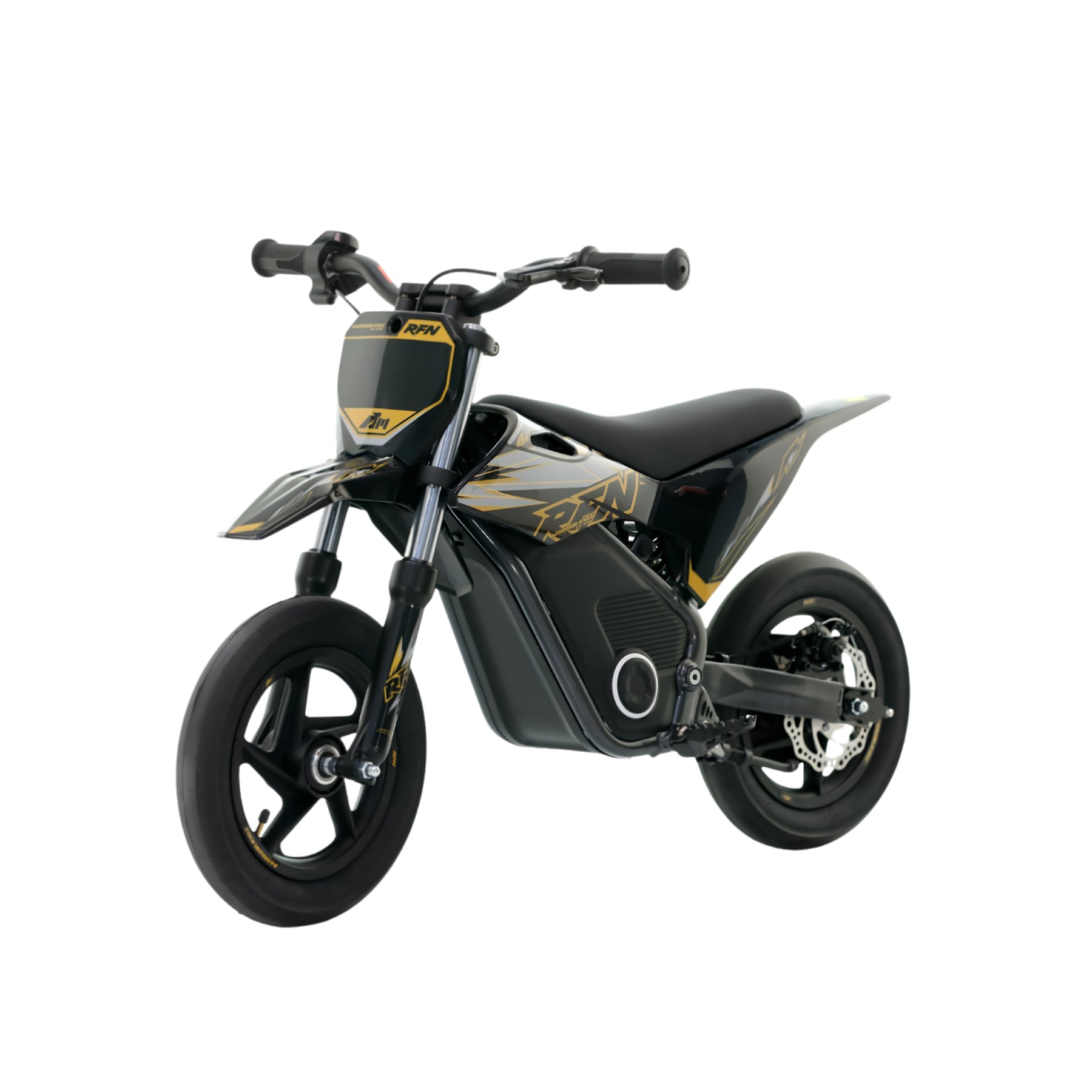 Minimoto eléctrica APOLLO RFN Warrior SX-E250 supermotard negra con motor de 250W y ruedas de 12 pulgadas.
