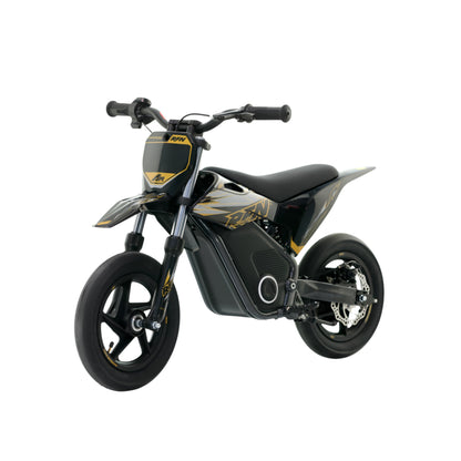 Minimoto eléctrica APOLLO RFN Warrior SX-E250 supermotard negra con motor de 250W y ruedas de 12 pulgadas.