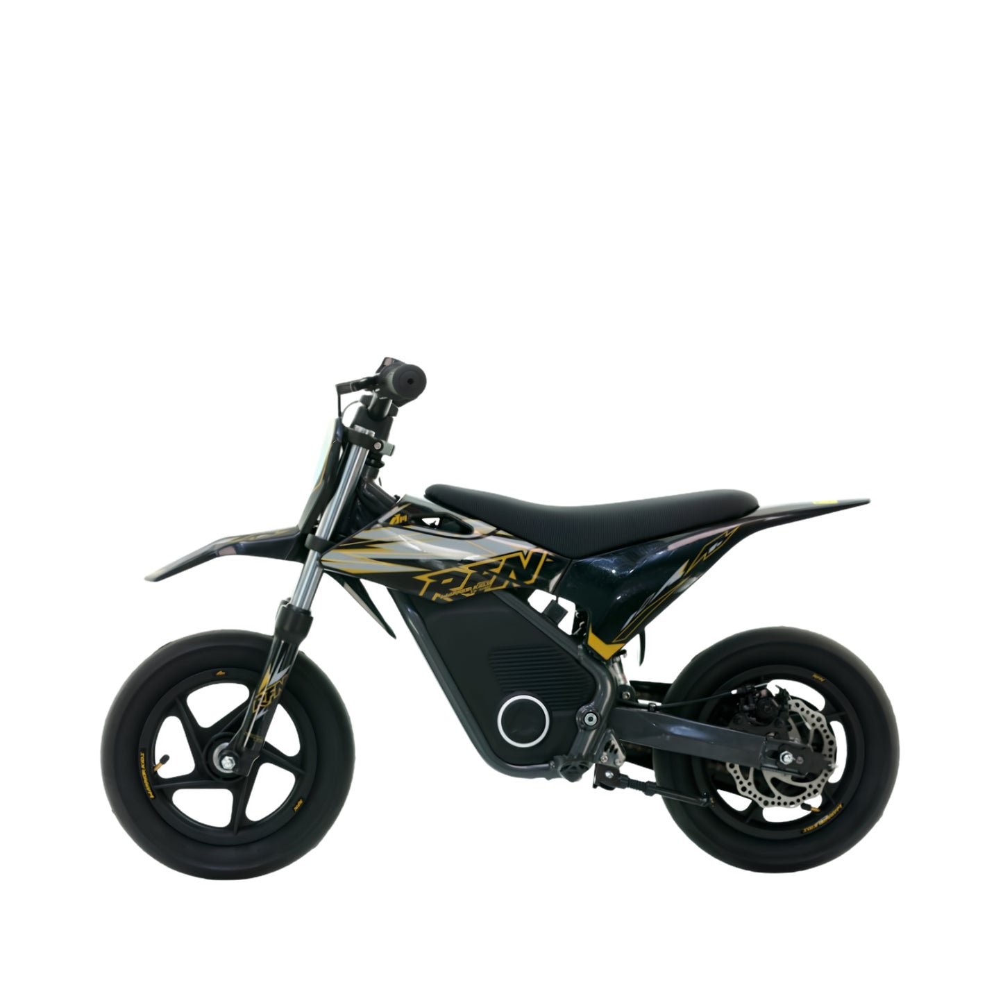 Minimoto eléctrica Apollo RFN Warrior SX-E250 supermotard negra con neumáticos 12/12 y motor de 250W, vista desde un lado.