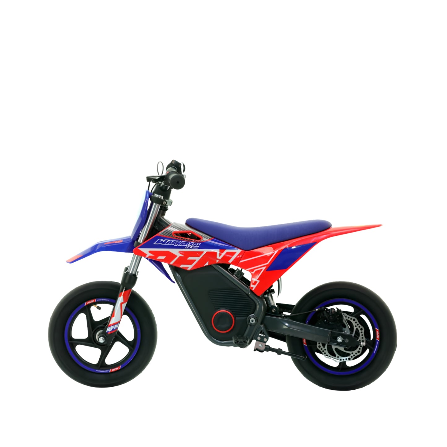 Minimoto eléctrica Apollo RFN Warrior SX-E250 supermotard roja con neumáticos 12 pulgadas y motor de 250W, vista lateral.