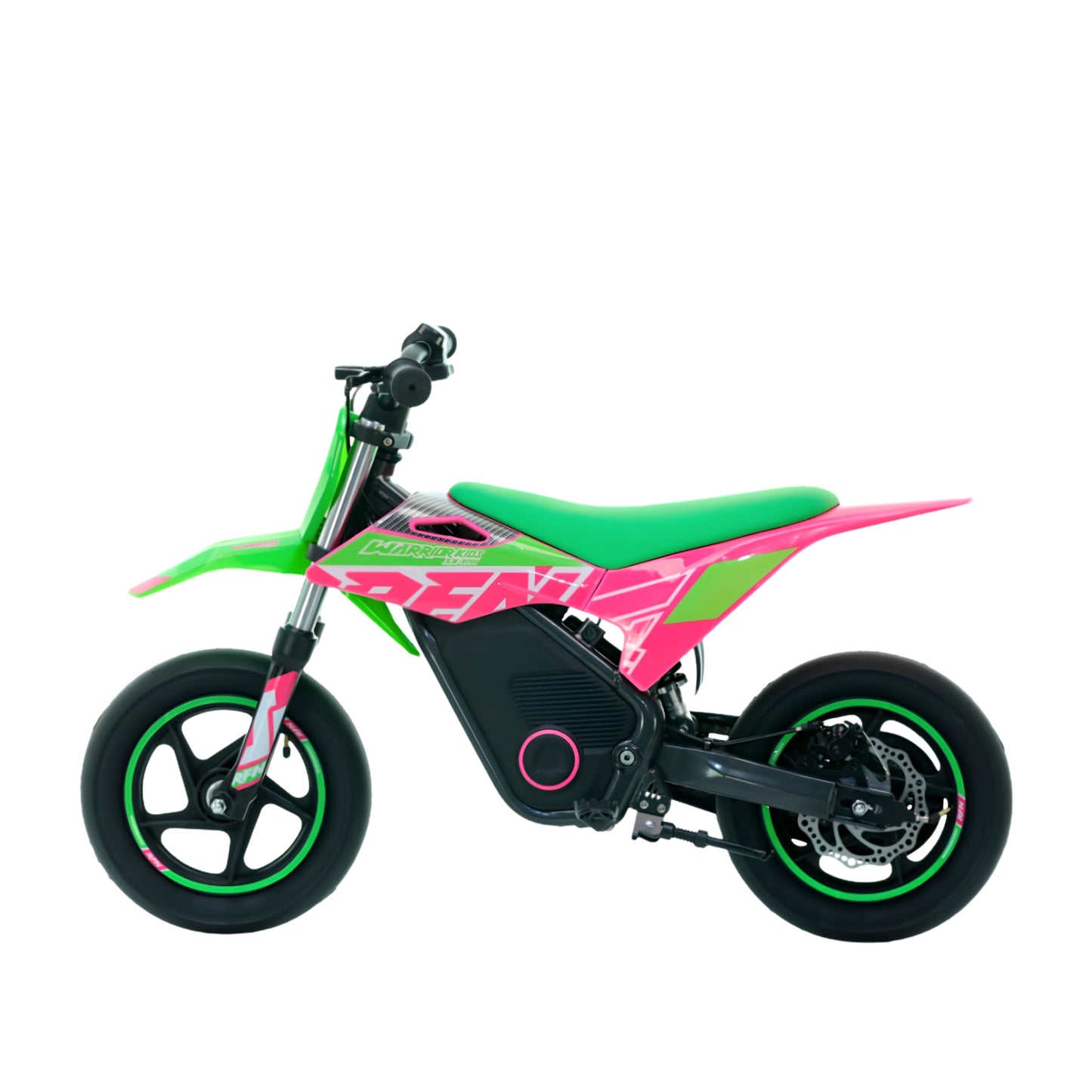 Minimoto eléctrica Apollo RFN Warrior SX-E250 color verde, motor de 250W y llantas de 12 pulgadas, diseño supermotard.