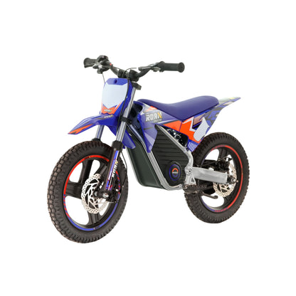 Moto eléctrica Minimoto X-EMOTOS Warrior MX-E350 14/14 pulgadas en color azul, con motor de 350W y diseño deportivo.