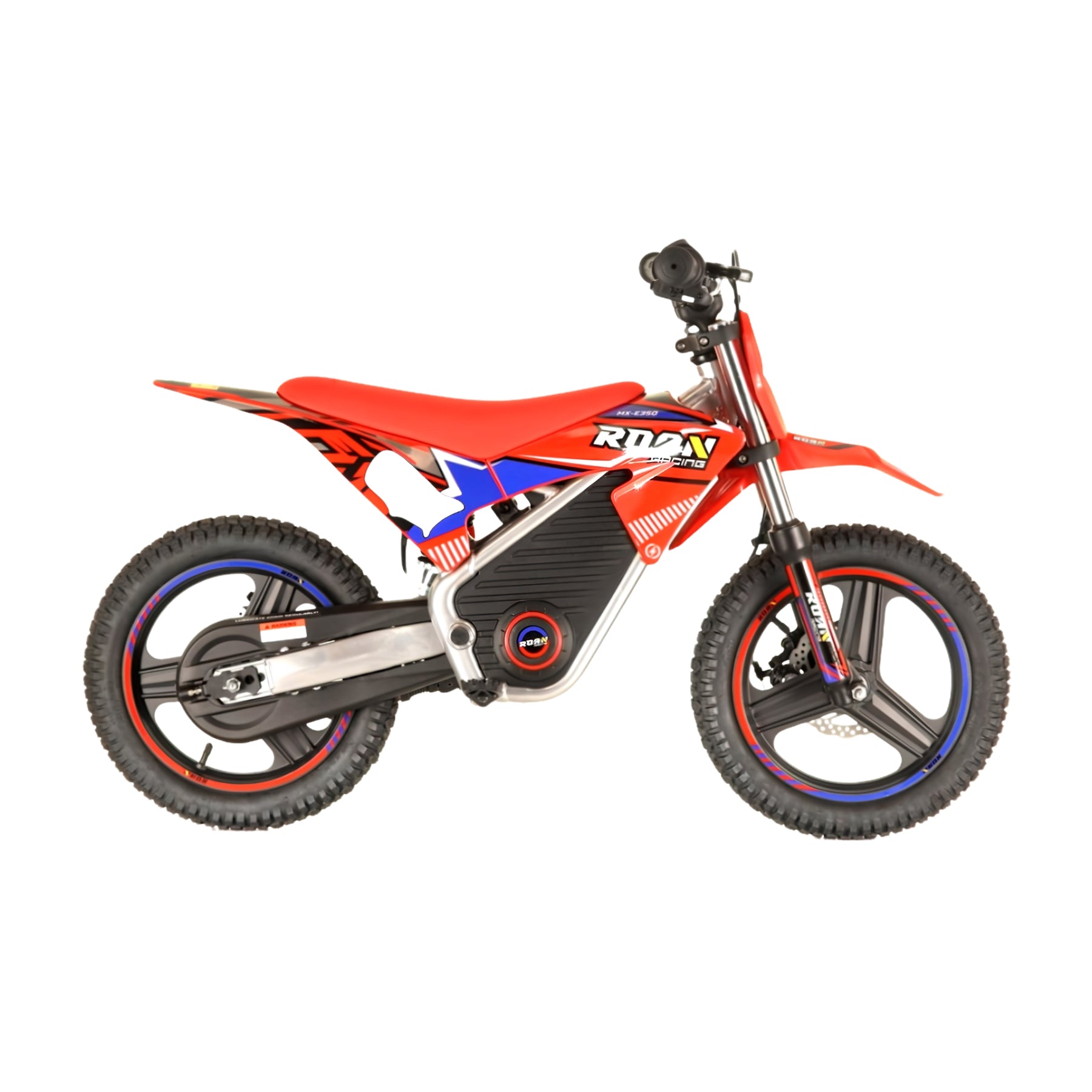 Motocicleta eléctrica Roan Warrior MX-E350 de 14/14 pulgadas en color rojo, marca X-Emotos, con diseño deportivo y compacto.