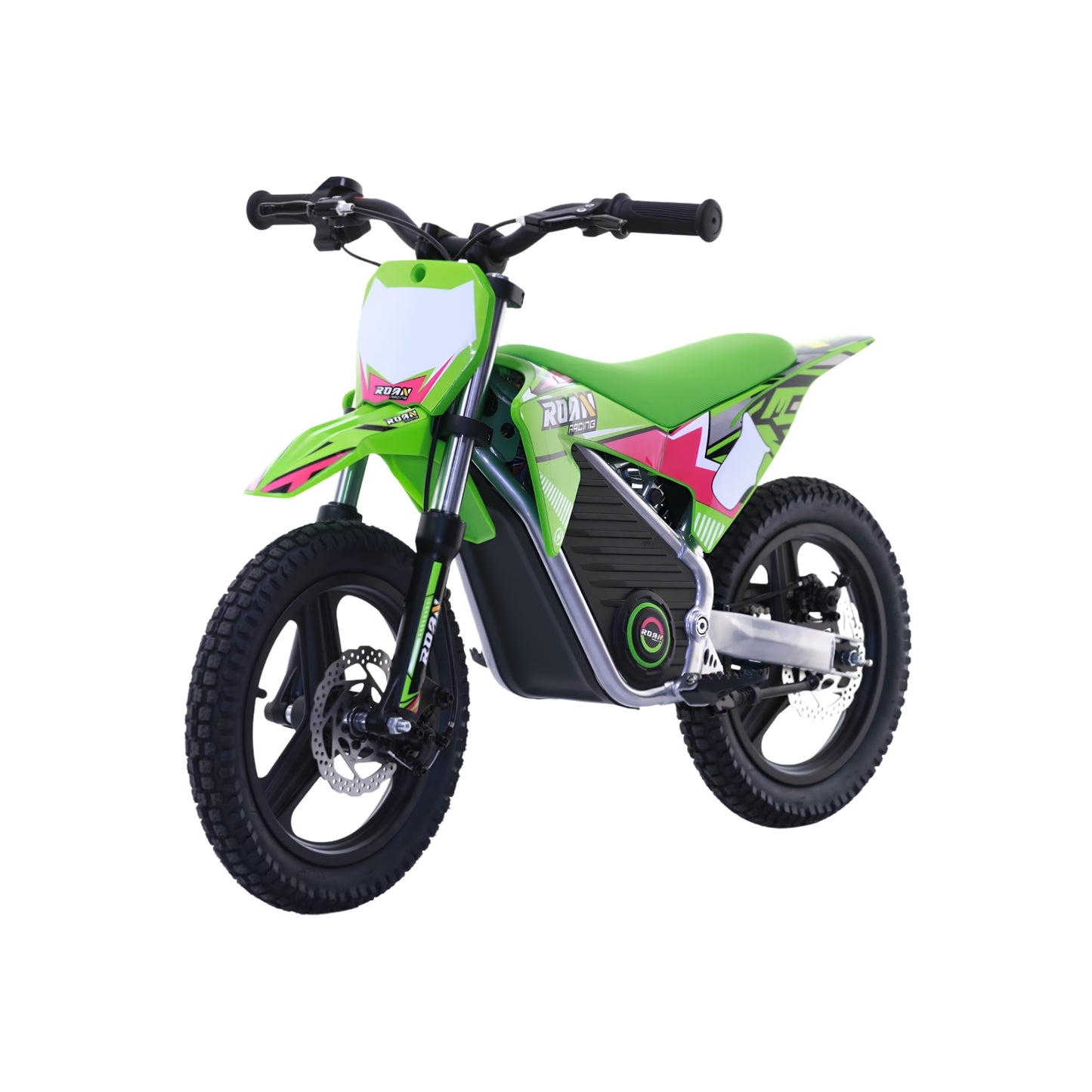 Minimoto eléctrica verde X-EMOTOS Warrior MX-E350 14/14, motor de 350W, con neumáticos grandes y diseño deportivo.
