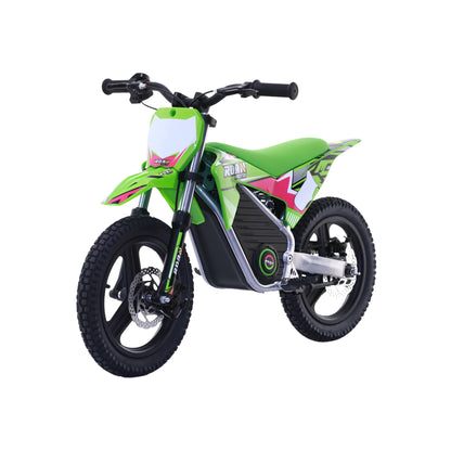 Minimoto eléctrica verde X-EMOTOS Warrior MX-E350 14/14, motor de 350W, con neumáticos grandes y diseño deportivo.