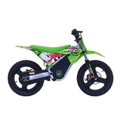 Minimoto eléctrica X-EMOTOS Warrior MX-E350 14/14" en color verde, motor de 350W, diseñada para niños y principiantes.