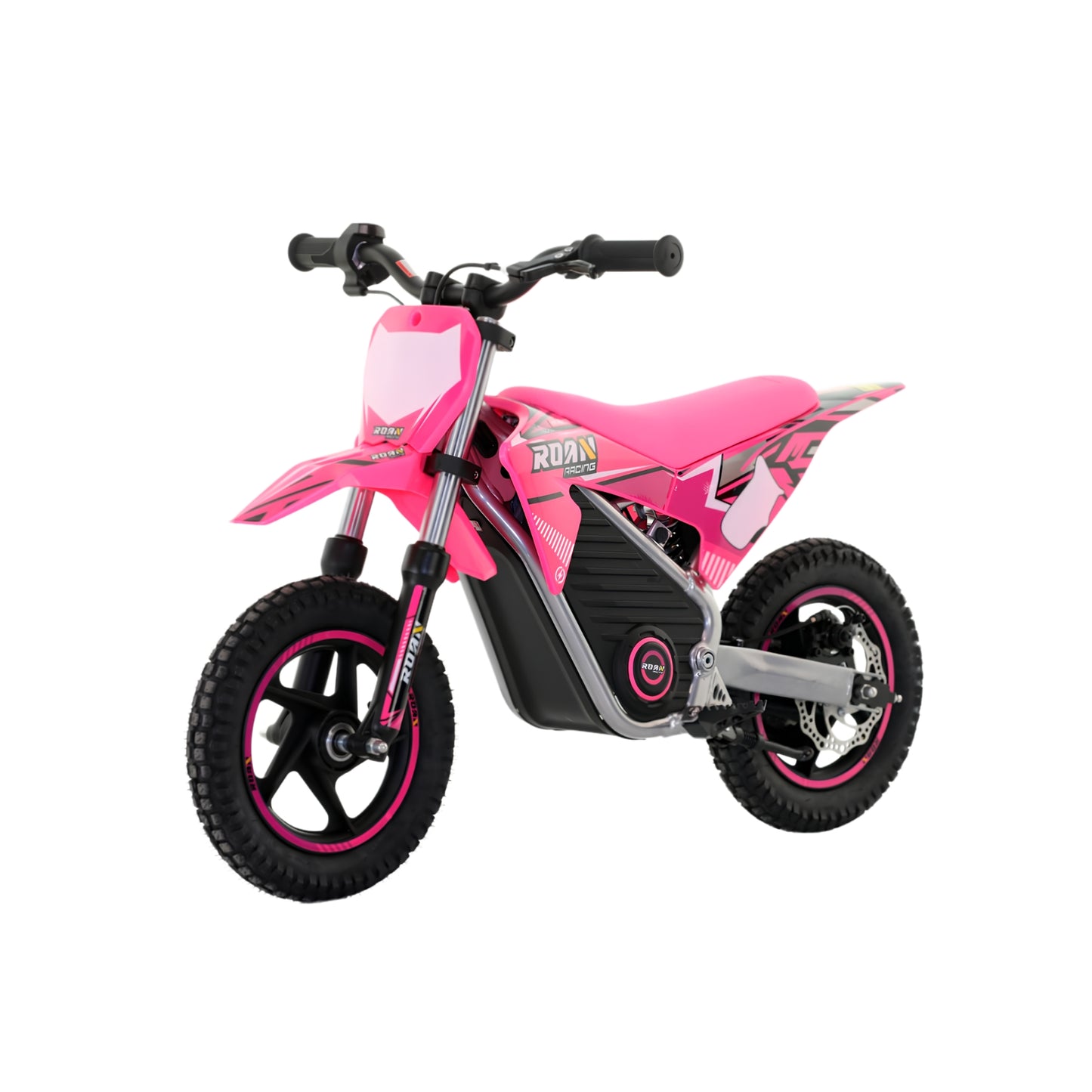 Moto eléctrica para niños Apollo Roan Warrior MX-E250 de 250W en color rosa, con neumáticos de 12 pulgadas y diseño deportivo.