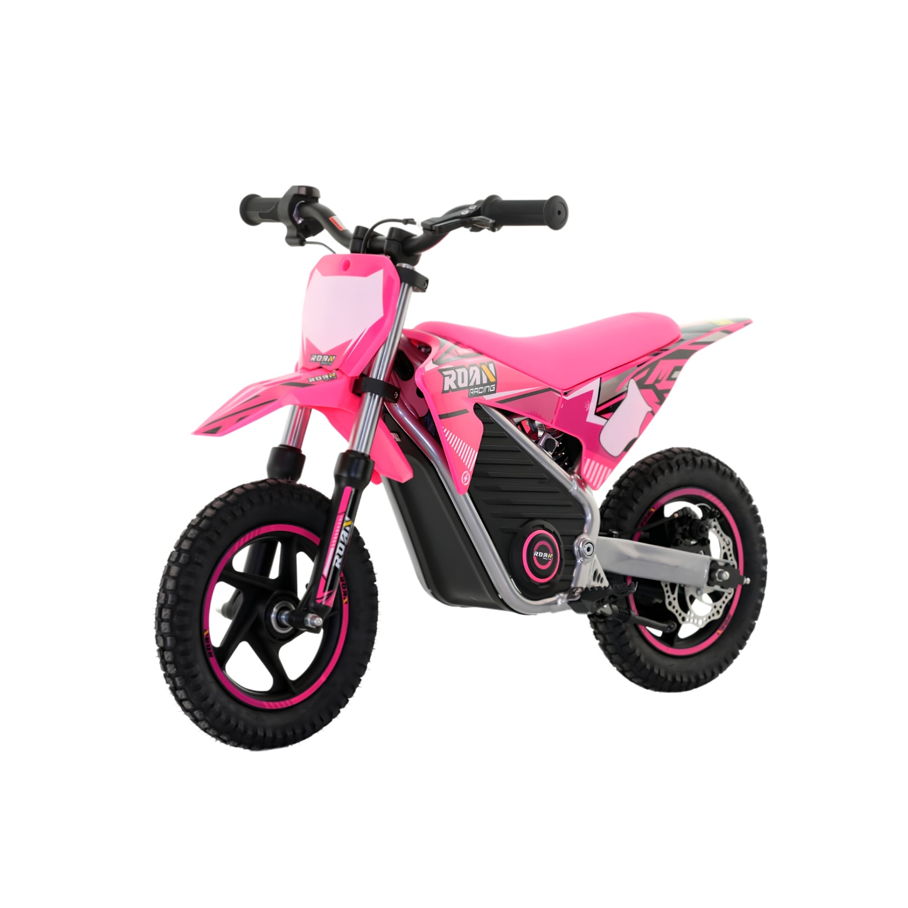 Moto eléctrica para niños Apollo Roan Warrior MX-E250 de 250W en color rosa, con neumáticos de 12 pulgadas y diseño deportivo.