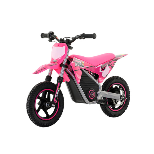 Moto eléctrica para niños Apollo Roan Warrior MX-E250 de 250W en color rosa, con neumáticos de 12 pulgadas y diseño deportivo.