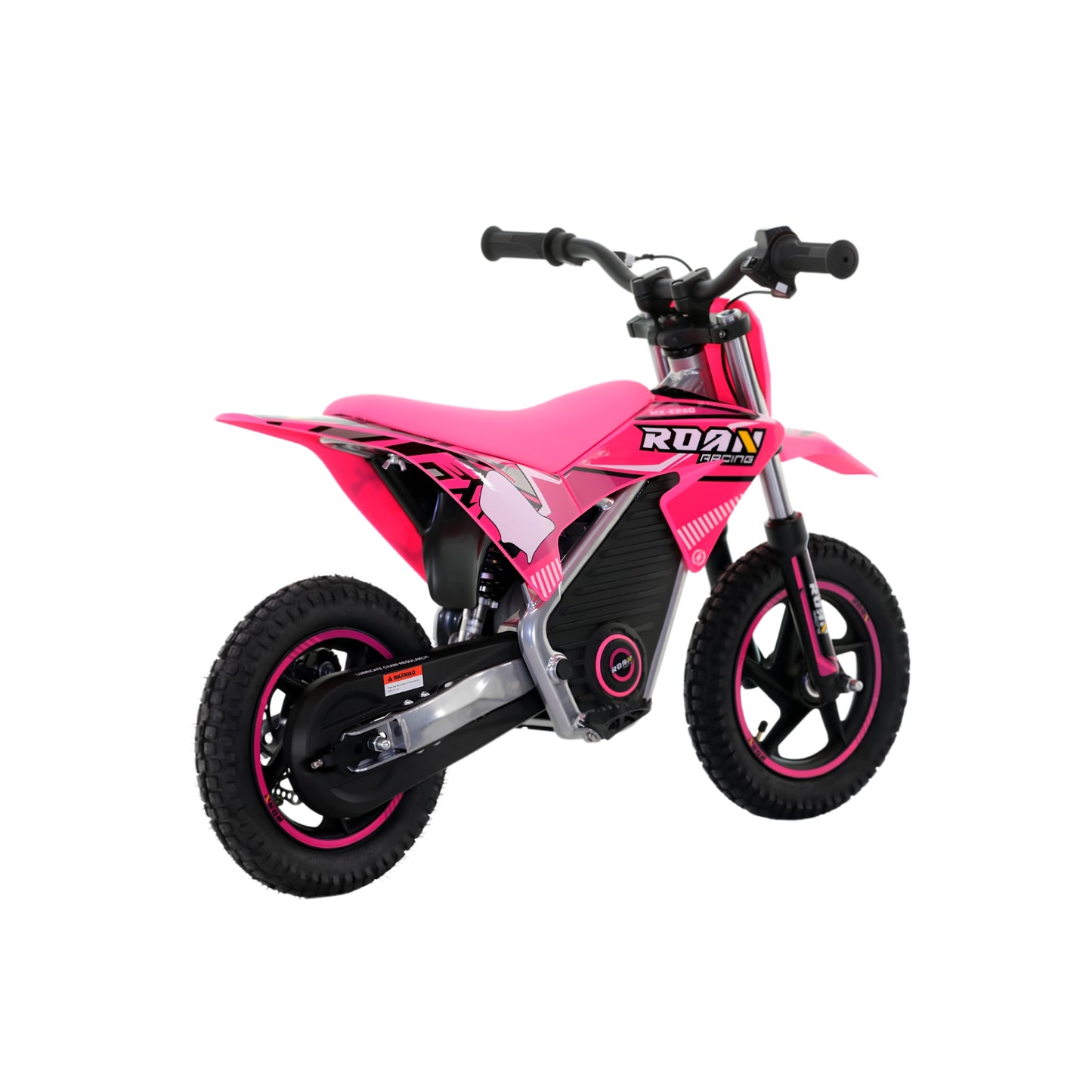 Mini moto eléctrica Apollo Roan Warrior MX-E250 de 250W en color rosa, con ruedas de 12 pulgadas, para niños y jóvenes.