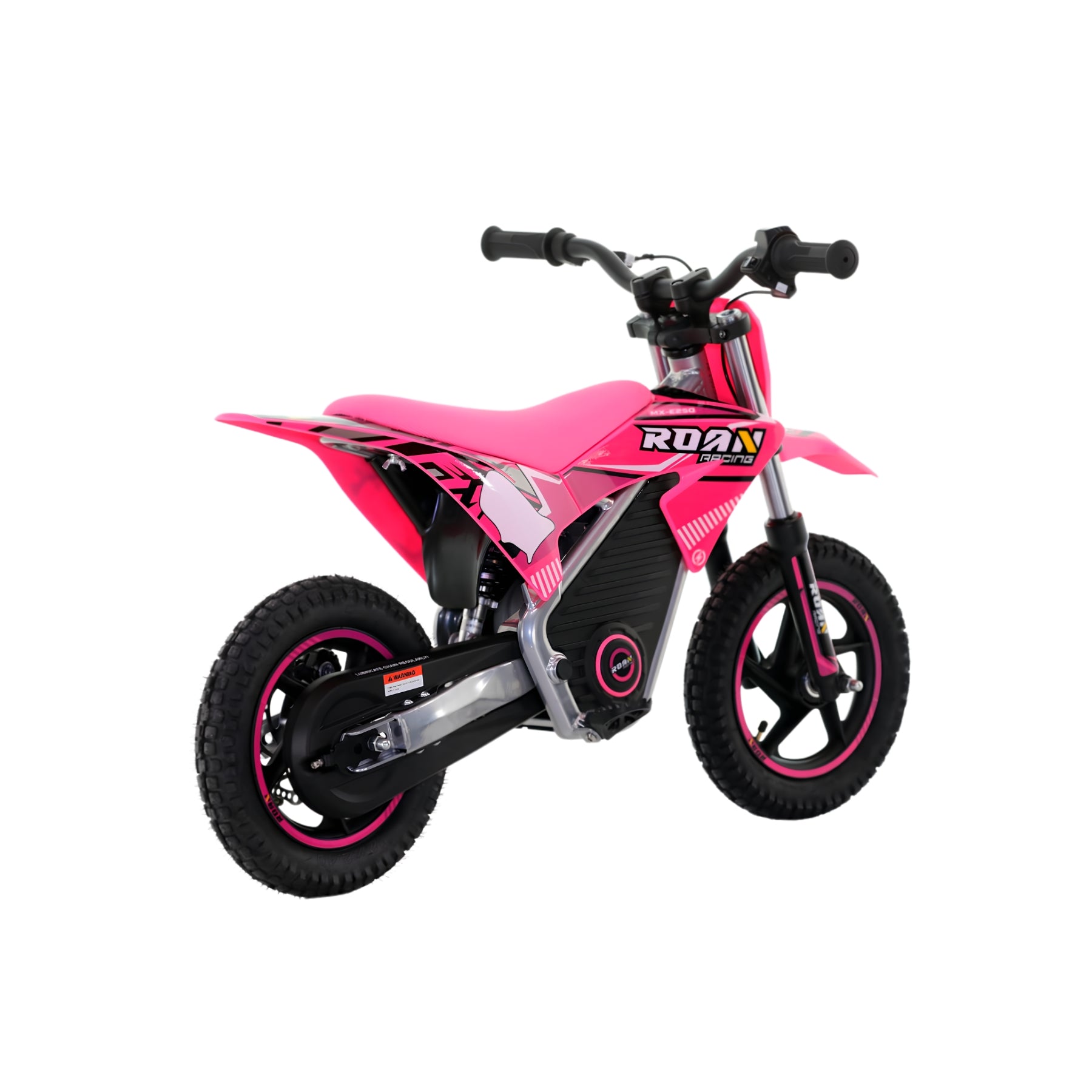 Mini moto eléctrica Apollo Roan Warrior MX-E250 de 250W en color rosa, con ruedas de 12 pulgadas, para niños y jóvenes.