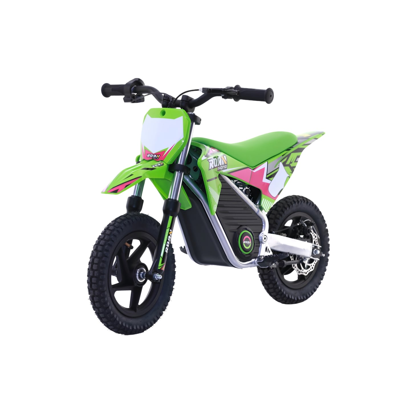 Minimoto eléctrica Apollo Roan Warrior MX-E250 verde de 12 pulgadas, motor de 250W, para niños y jóvenes.