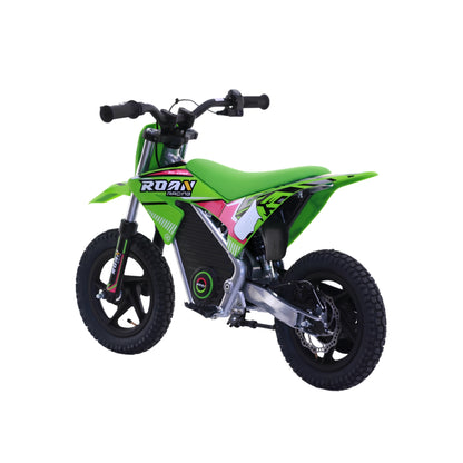 Minimoto eléctrica Apollo Roan Warrior MX-E250 en color verde, con ruedas de 12 pulgadas y potencia de 250W para niños.