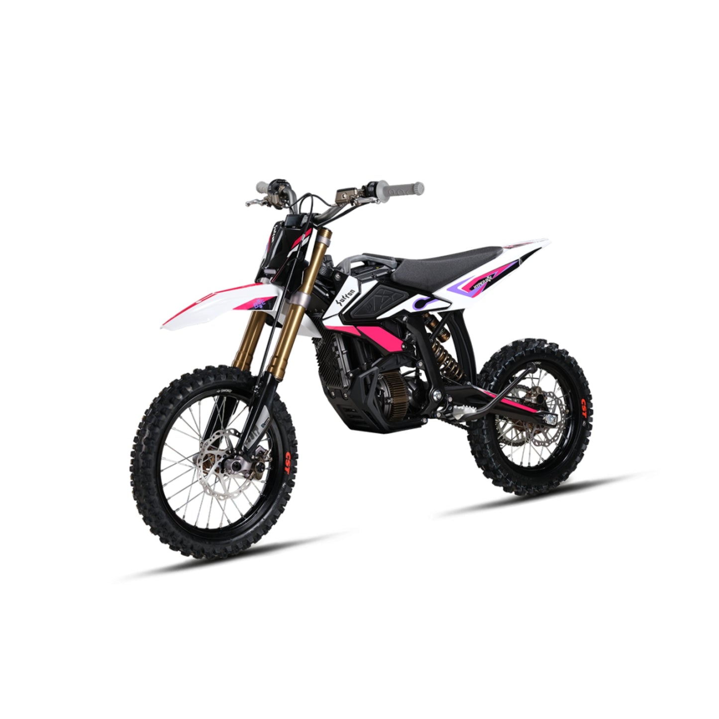 Bicicleta eléctrica Surron Hyper Bee de color rosa de la marca X-EMOTOS, con cuadro y neumáticos visibles en la imagen.