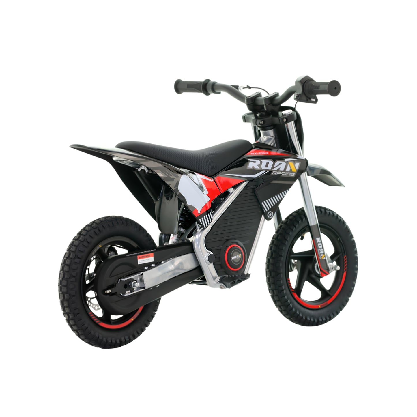Mini moto eléctrica X-EMOTOS Warrior 150W roan MX150, vista lateral con manillar y ruedas en movimiento.