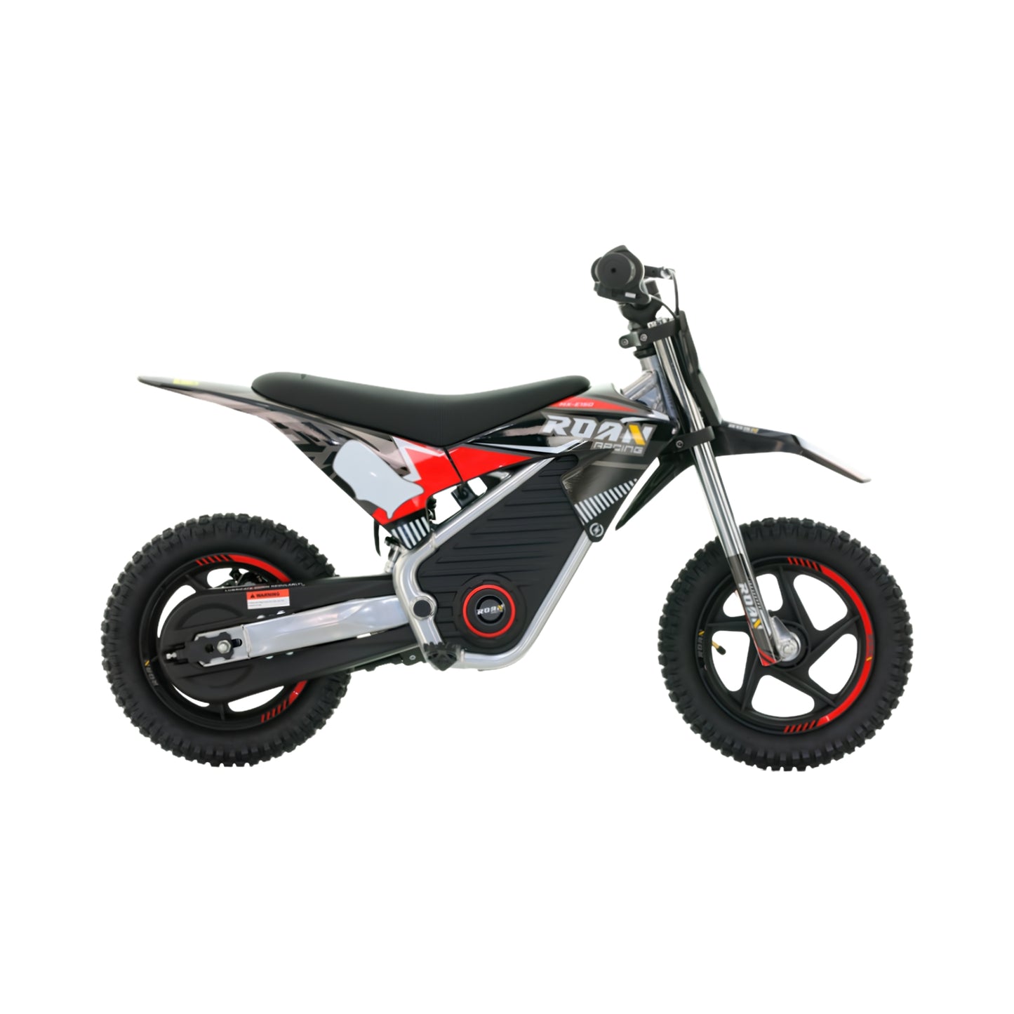 Mini moto eléctrica Warrior 150W Roan MX150 de X-EMOTOS, vista lateral con color rojo y detalles de neumáticos y control.