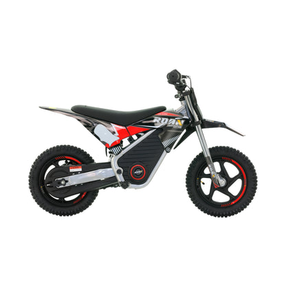 Mini moto eléctrica Warrior 150W Roan MX150 de X-EMOTOS, vista lateral con color rojo y detalles de neumáticos y control.