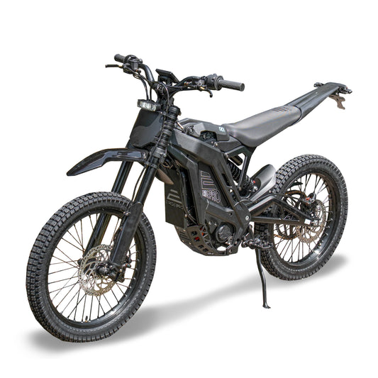 Moto eléctrica off-road E RIDE PRO SR L1e y L3e, vista lateral con neumáticos grandes y cuadro resistente.