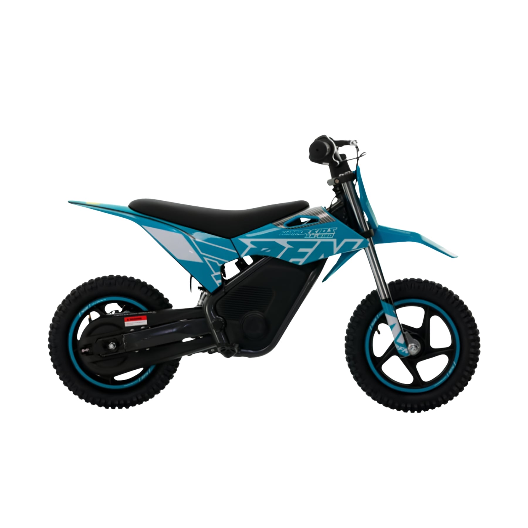 Moto de minicross eléctrica X-EMOTOS RFN Warrior SX-E150 de 150W y 12 pulgadas, vista desde un costado en color negro y verde