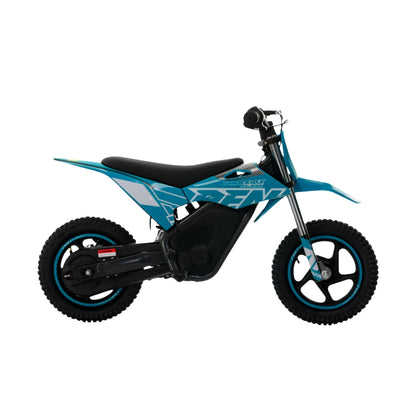 Moto de minicross eléctrica X-EMOTOS RFN Warrior SX-E150 de 150W y 12 pulgadas, vista desde un costado en color negro y verde