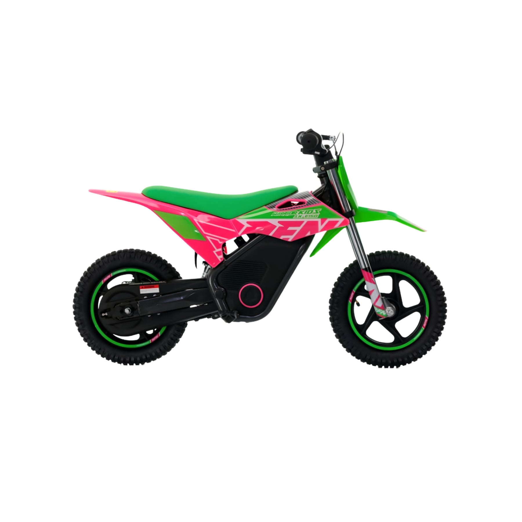 MiniCross eléctrica X-EMOTOS RFN Warrior SX-E150 150W de 12 pulgadas en color verde, vista lateral de la motocicleta infantil eléctrica.