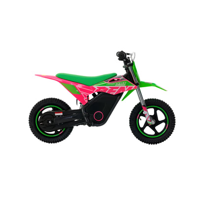 MiniCross eléctrica X-EMOTOS RFN Warrior SX-E150 150W de 12 pulgadas en color verde, vista lateral de la motocicleta infantil eléctrica.