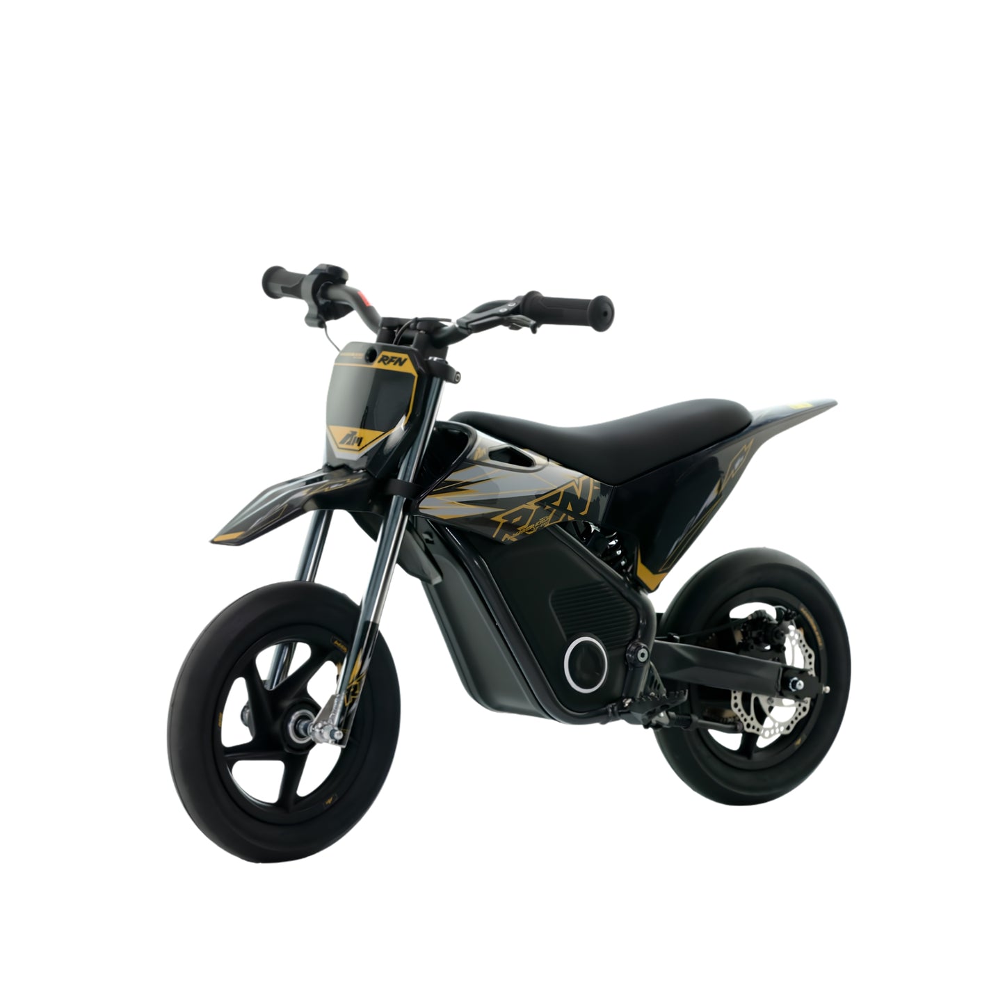 Mini moto eléctrica APOLLO RFN Warrior Kids SX-E150 150W, negro, con neumáticos de 12 pulgadas, estilo Supermotard para niños.