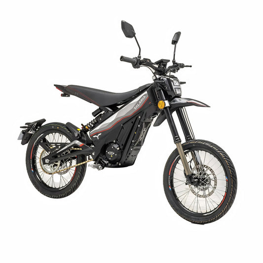 Moto eléctrica off-road Talaria XXX L1e de color negro con neumáticos grandes y manillar en la imagen.