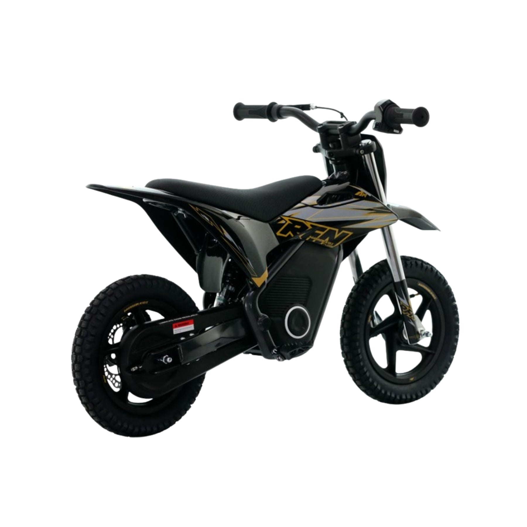 Moto eléctrica Minicross X-EMOTOS RFN Warrior SX-E150 150W, neumáticos de 12 pulgadas, color negro en vista lateral