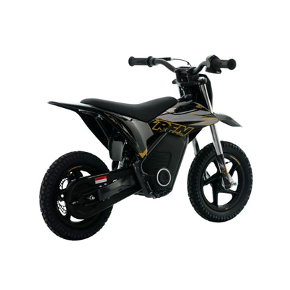 Moto eléctrica Minicross X-EMOTOS RFN Warrior SX-E150 150W, neumáticos de 12 pulgadas, color negro en vista lateral